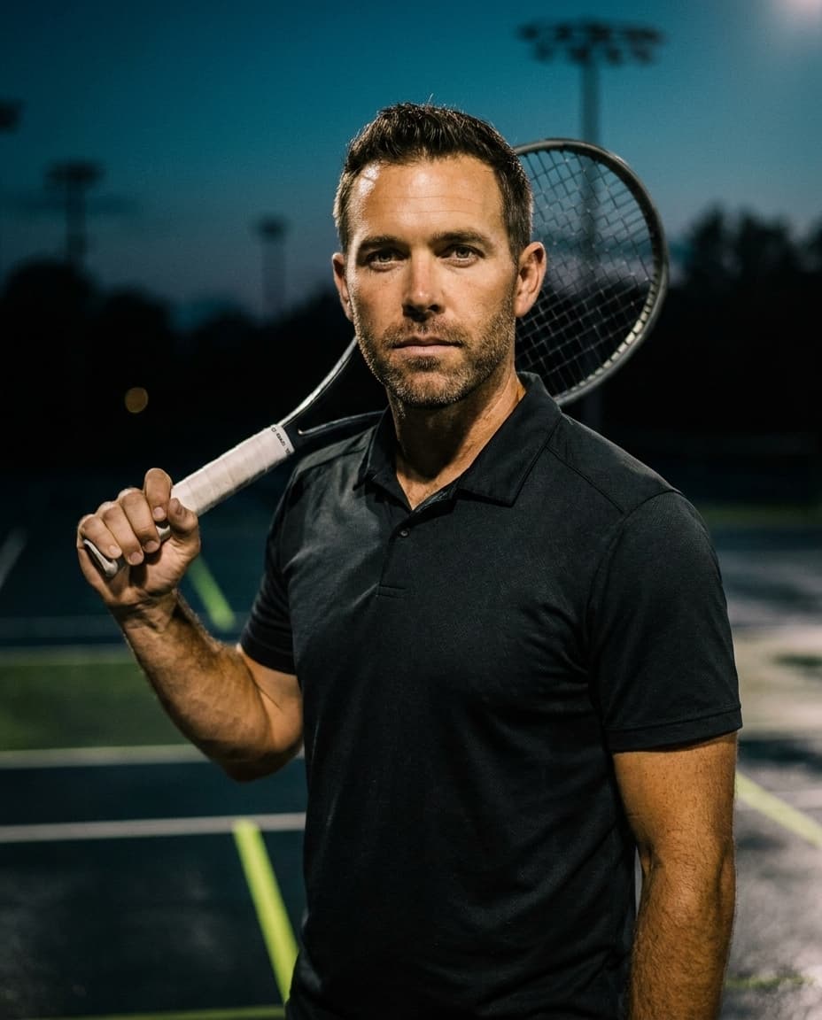 Porträt von Adis auf dem Tennisplatz bei Flutlicht
