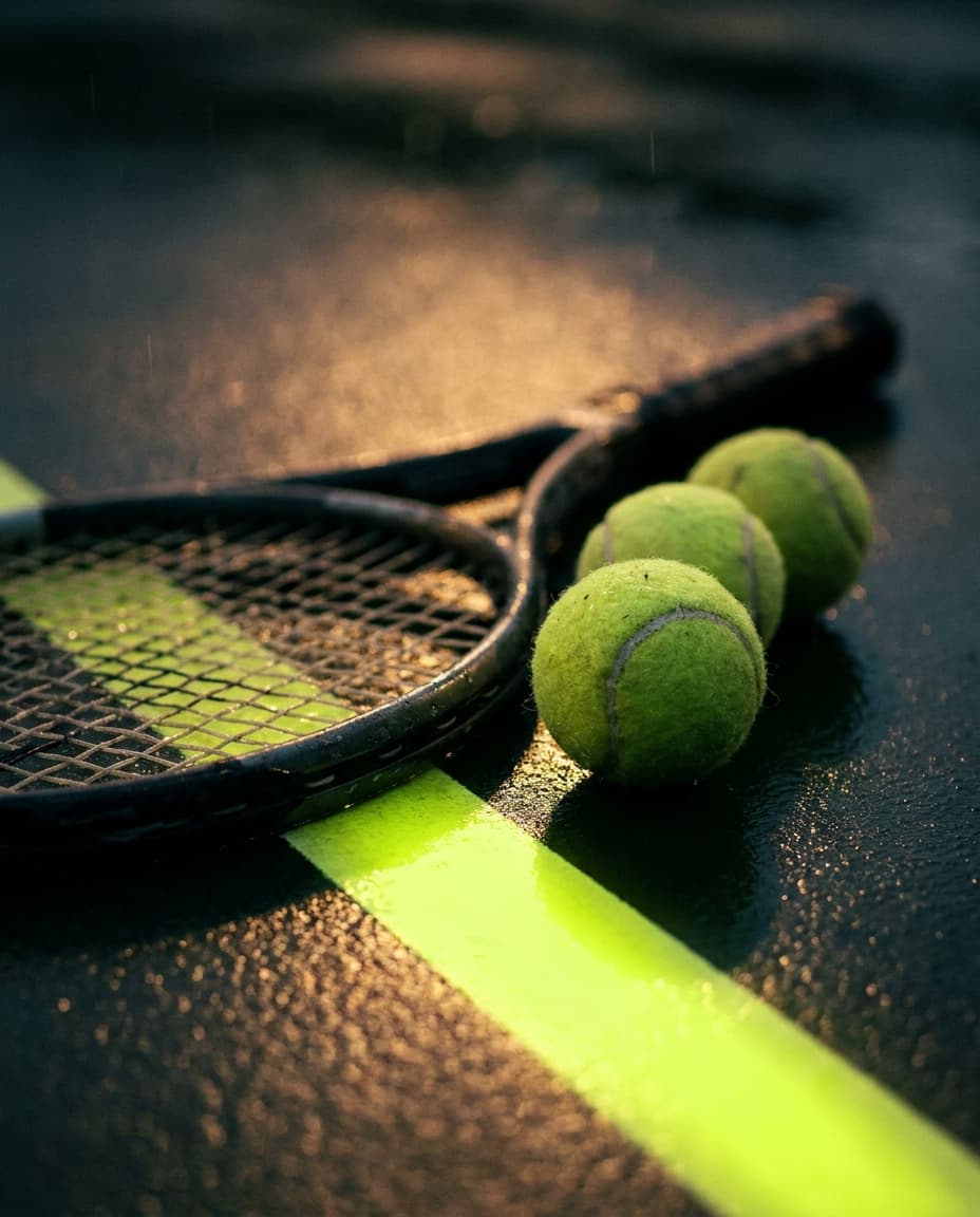 Racket und Bälle auf der Grundlinie