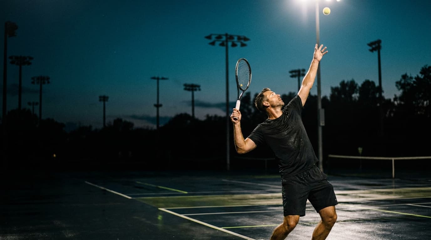 Adis beim Aufschlag auf einem flutlichtbeleuchteten Tennisplatz